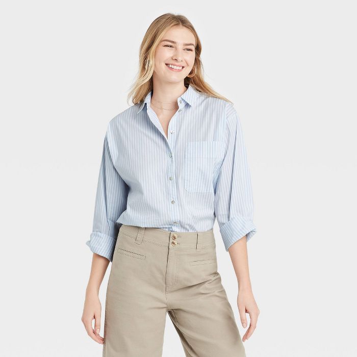Women&#39;s Striped Long Sleeve Button-Down Boyfriend Shirt - A New Day&#8482; Blue L | Target