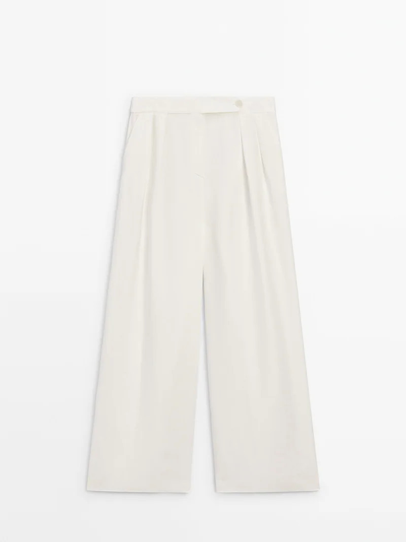 Linen wide-leg trousers with darts | Massimo Dutti UK