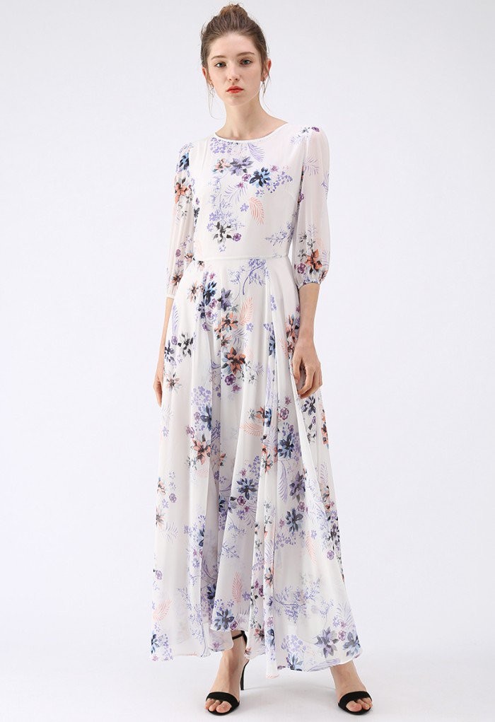 Full Bloom Asymmetric White Floral Printed Maxi Dress | Chicwish