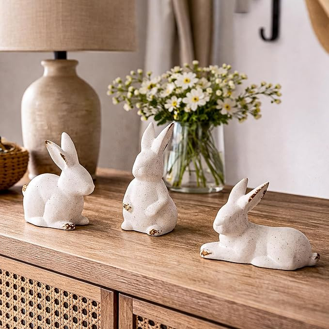3 Pcs White Ceramic Bunny Figurines – Easter Bunny Decor, Modern White Rabbit Statues for Home,... | Amazon (US)