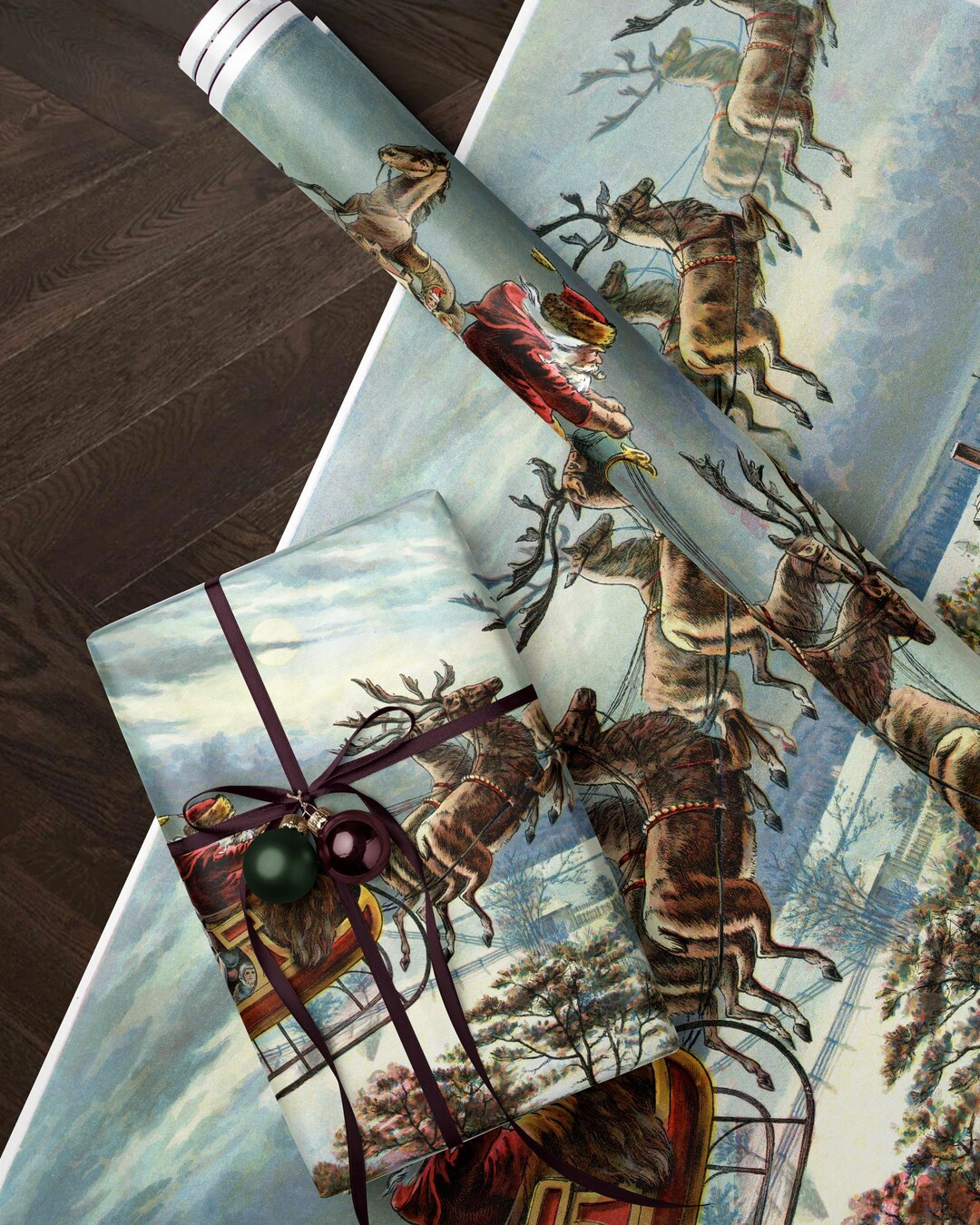 Vintage Santa Scene Christmas Wrapping Paper. Santa Sleigh and Reindeer Gift Wrap. Traditional Ch... | Etsy (US)