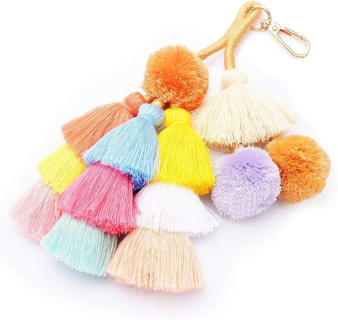 Colorful Keychains Boho Pom Pom Tassel Bag Decorations Charm Wristlet Bracelet Keyring for Women | Amazon (US)