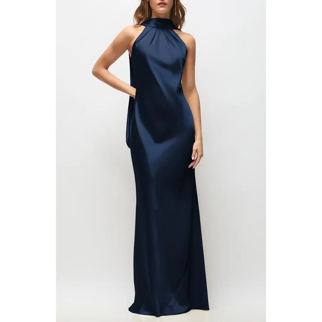 After Six Anais Scarf Neck Satin Charmeuse Gown in Midnight at Nordstrom, Size Xx-Large | Nordstrom