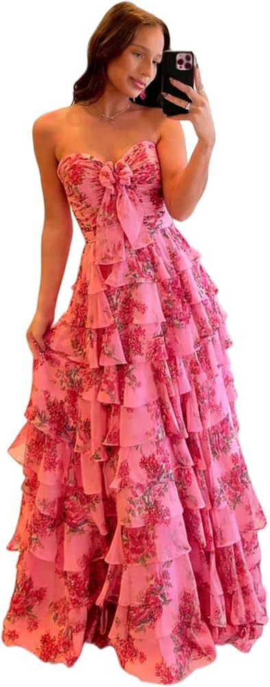 Chiffon Prom Dresses for Women Tiered Ruffle Floral Strapless V Neck Formal Evening Party Gowns w... | Amazon (US)