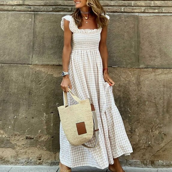 CFLVAEK Womens Summer Smocked Dress Check Print Women Maxi Dress Casual Ruffle Cap Sleeve Square ... | Walmart (US)