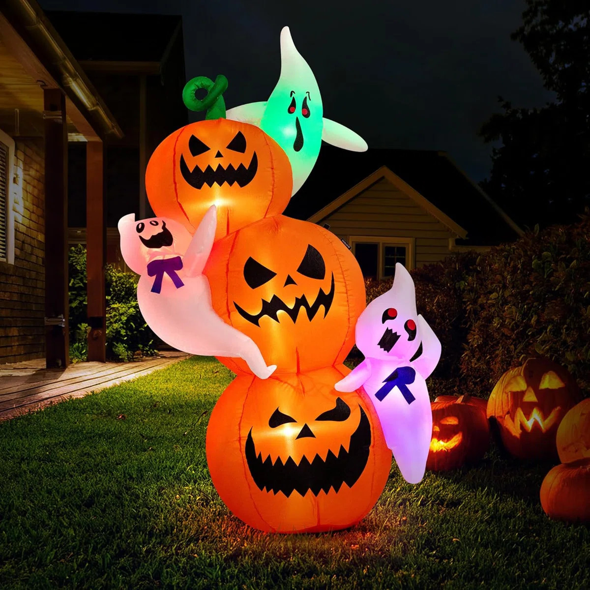 6 ft. Height LED Lighted Halloween Inflatable with Pumpkin Lantern and White Ghost | Wayfair North America