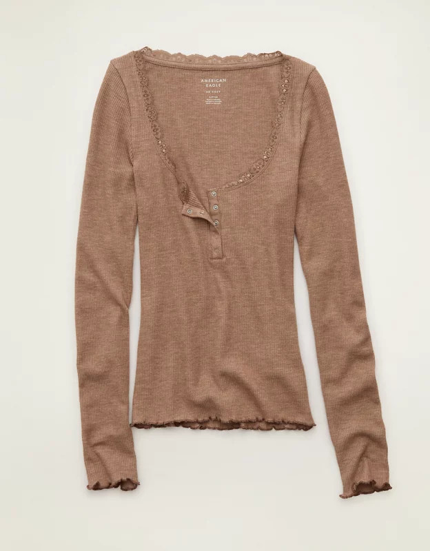 AE Cozy Waffle Lace Trim Henley T-Shirt Women's Heather Fawn L | American Eagle Outfitters (US & CA)