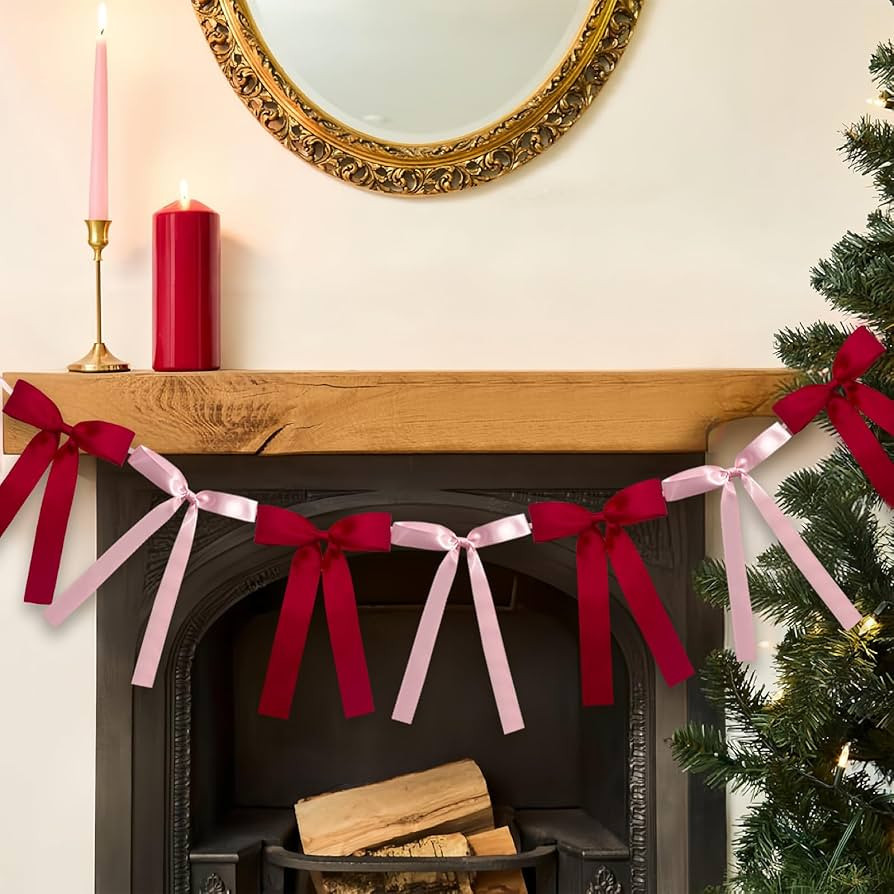 2 Pieces Valentines Banner Bow Garland 6.7Ft Pink and Red Bow Pre-Strung Satin Ribbon Garland Ban... | Amazon (US)