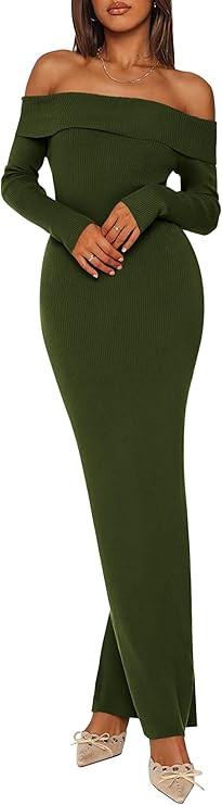 PRETTYGARDEN Women's Fall Sweater Dress Long Sleeve Off Shoulder Slit Maxi Bodycon Cocktail Party... | Amazon (US)