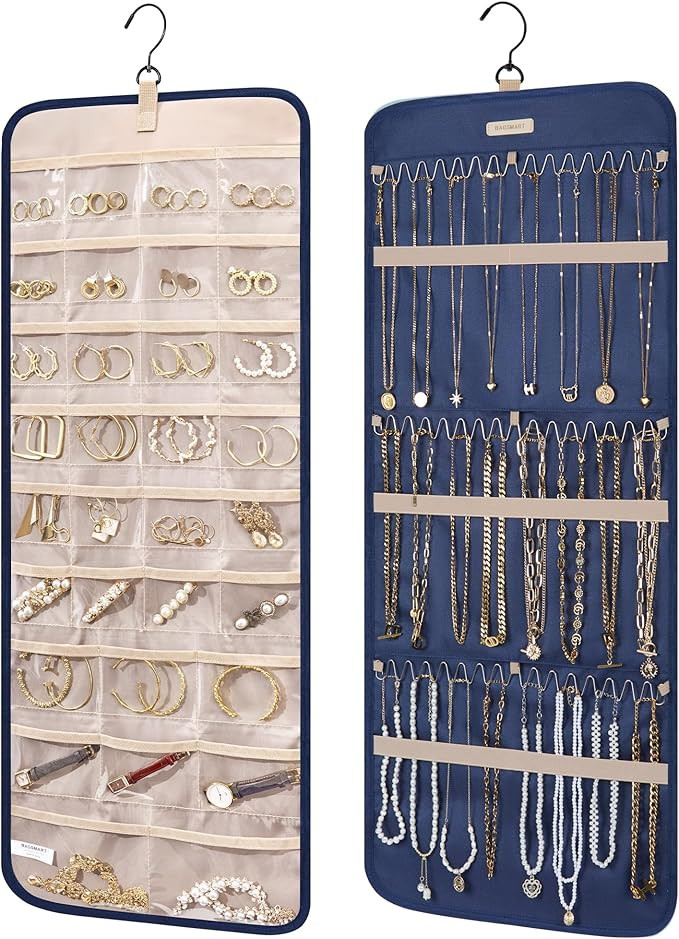 BAGSMART Hanging Jewelry Organizer Storage Roll with Hanger Metal Hooks Double-Sided Jewelry Hold... | Amazon (US)