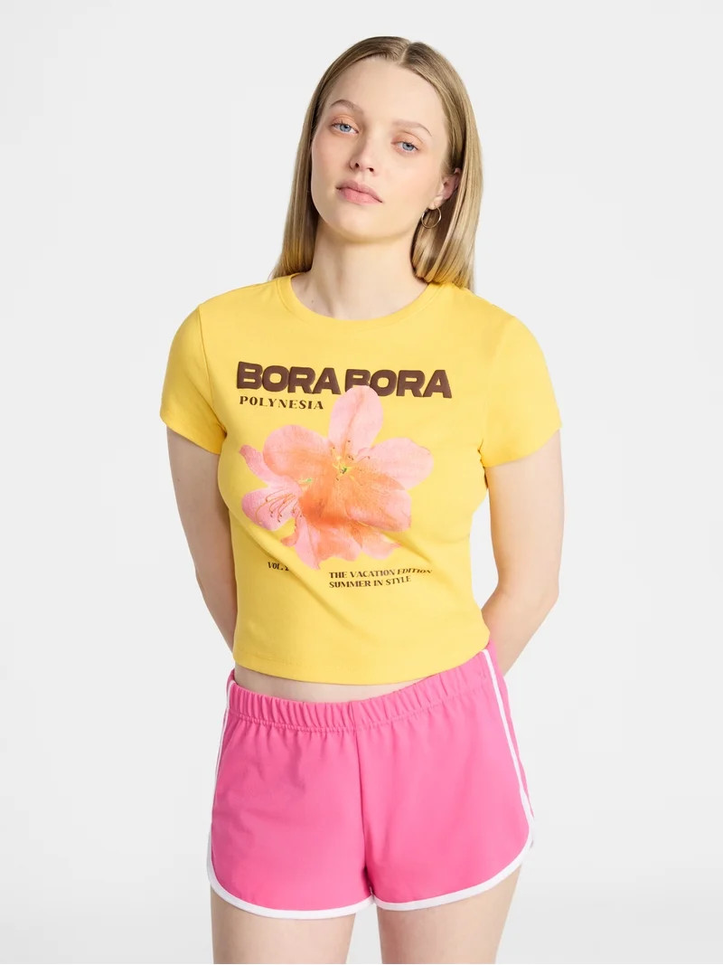 No Boundaries Ribbed Cotton Graphic Baby Tee with Short Sleeves, Women's XXS-XXL | Walmart (US)