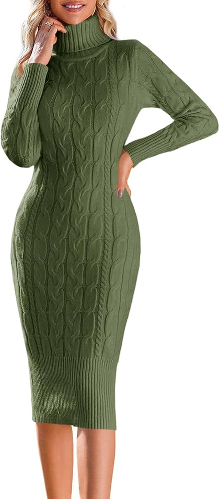 Fangetey Womens Long Sleeve Turtleneck Sweater Dresses Knitted Bodycon Midi Sheath Jumper Dresses | Amazon (US)