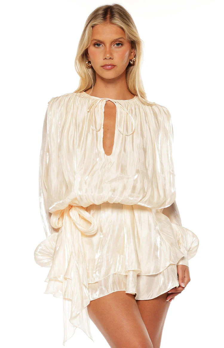 Quinton Pearl Satin Long Sleeve Tie Mini Dress | Beginning Boutique (US)