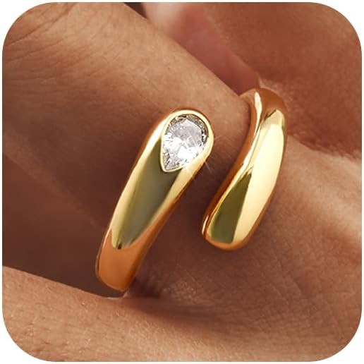 Gold Chunky Ring for Women - 14k Gold Plated Adjustable Open Statement Rings Teardrop Cubic Zirco... | Amazon (US)