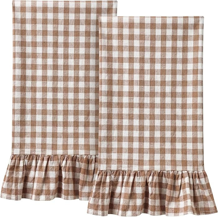 HunnmingRe Taupe Kitchen Towels Set of 2, 100% Cotton Ruffled Gingham Dish Towels 18"x28" Absorbe... | Amazon (US)