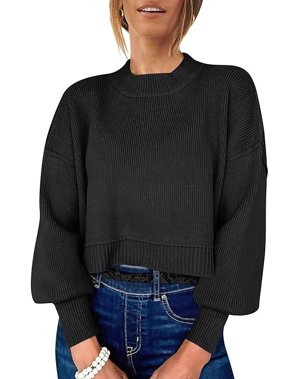 ANRABESS Womens Cropped Sweaters Oversized Crewneck Long Batwing Sleeve Side Slit Ribbed Knit Pul... | Amazon (US)