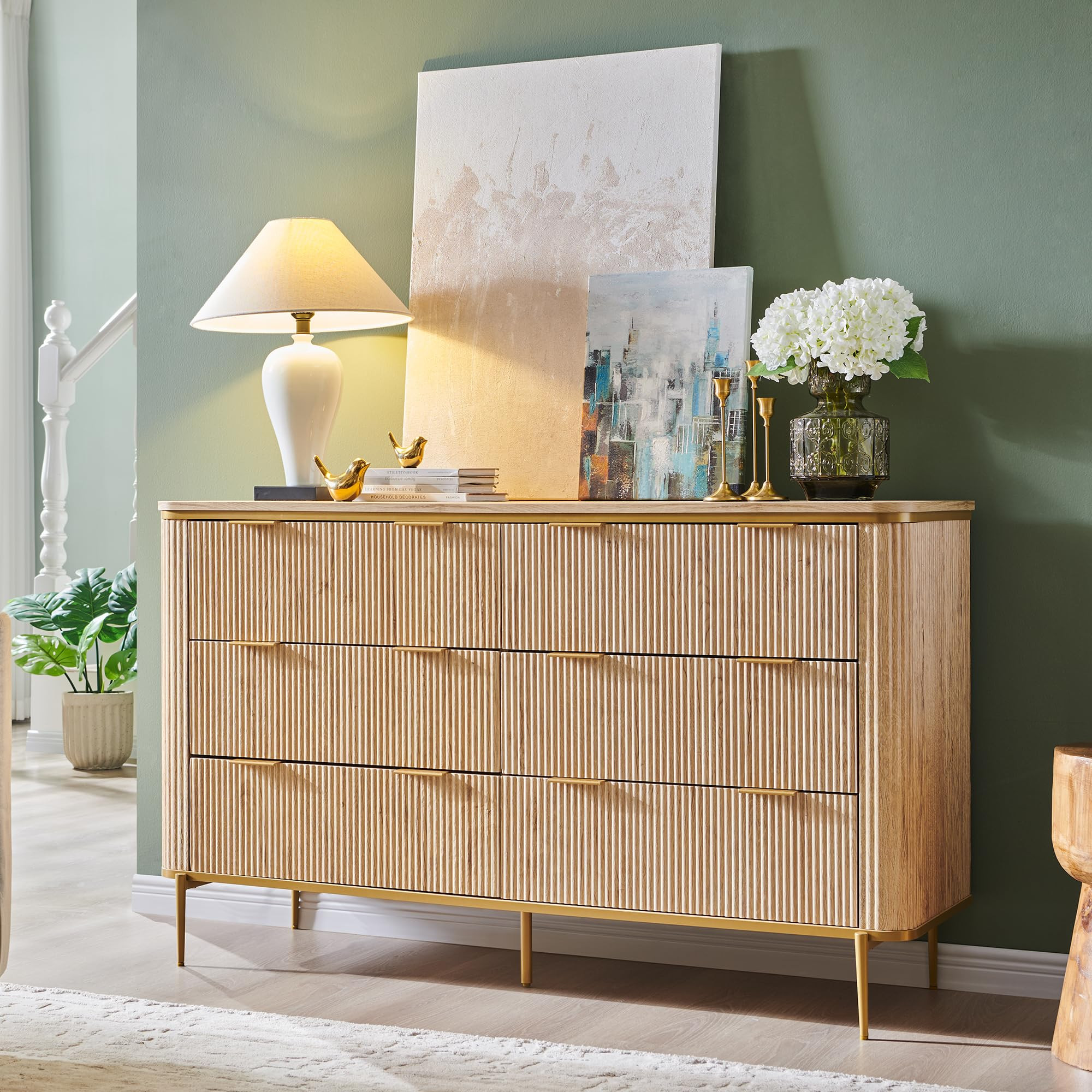 T4TREAM 6-Drawer Dresser Fluted Design, with Gold Accents (Natural Oak) | Amazon (US)