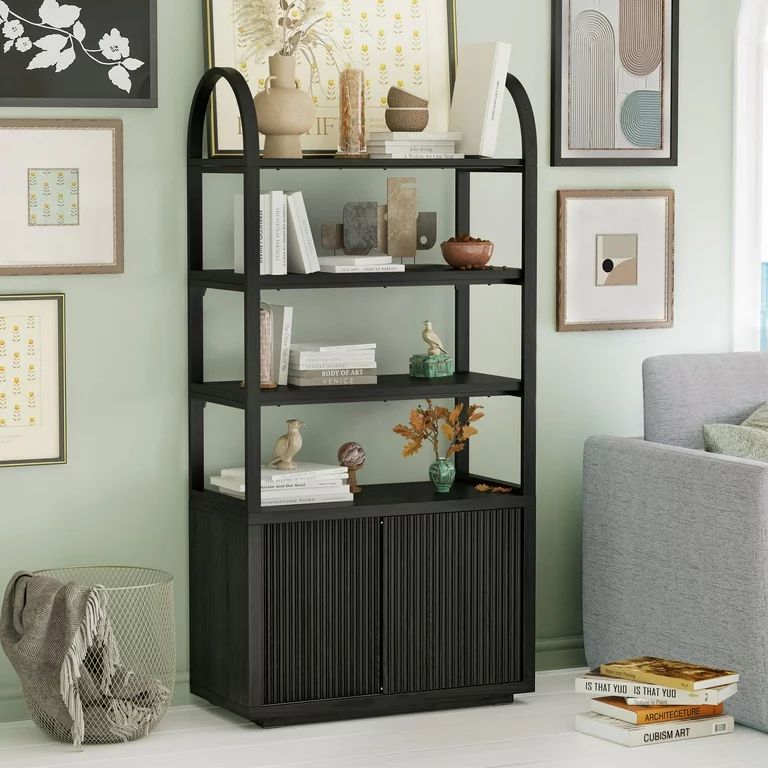 Beautiful Fluted 3-Shelf Bookcase with Storage Cabinet by Drew Barrymore, Rich Black Finish | Walmart (US)