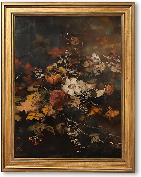 Gold Framed Vintage Fall Floral Wall Art Decor Dark Autumn Flower Painting Moody Botanical Canvas... | Amazon (US)