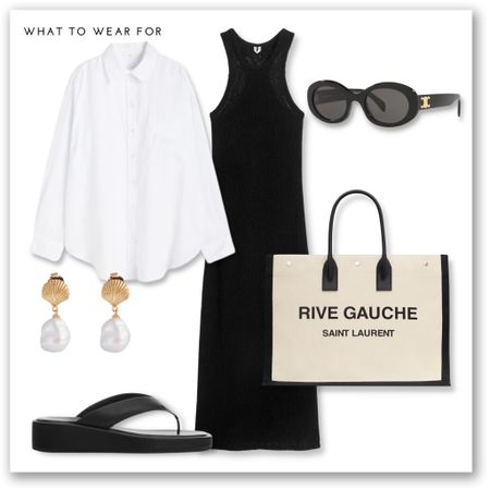 summer outfit inspo 🌞 styling a black midi knitted dress with mango sandals, Saint Laurent oversized tote bag, Celine sunglasses & a white oversized linen shirt for an effortlessly chic look. 

#LTKeurope #LTKstyletip #LTKSeasonal