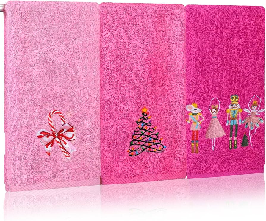 3pcs Pink Christmas Hand Towels for Bathroom 14 x 29 Embroidered Christmas Tree Nutcracker Decora... | Amazon (US)