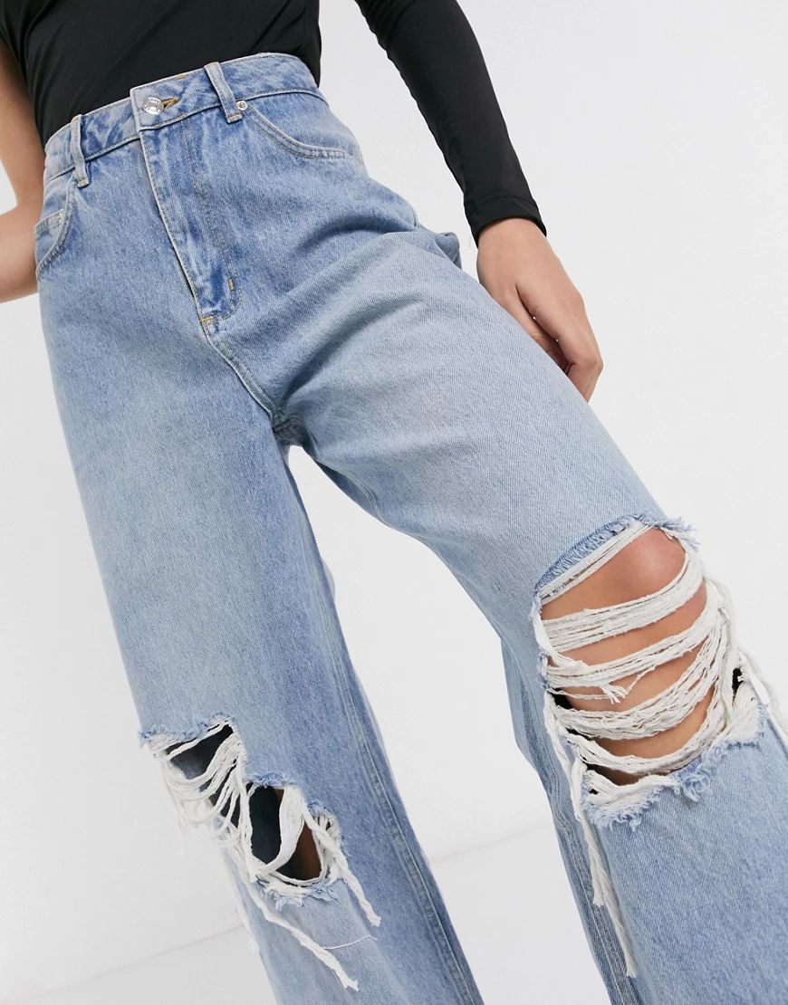 ASOS DESIGN High rise 'Relaxed' dad jeans in authentic midwash with rips-Blues | ASOS (Global)