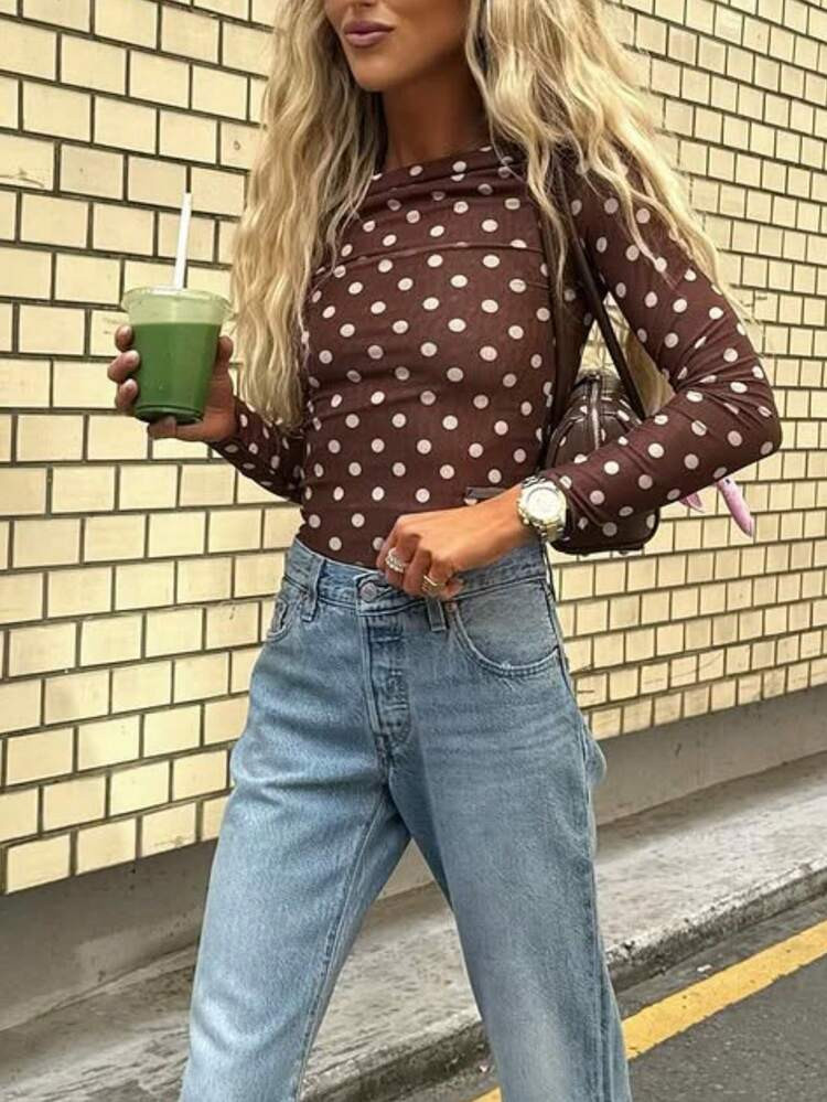 2025 Autumn And Winter New Arrival: Women's Brown Polka Dot Boat Neck Long Sleeve Knitted Top, Featuring A Versatile Design And Elegant Slim Fit | SHEIN