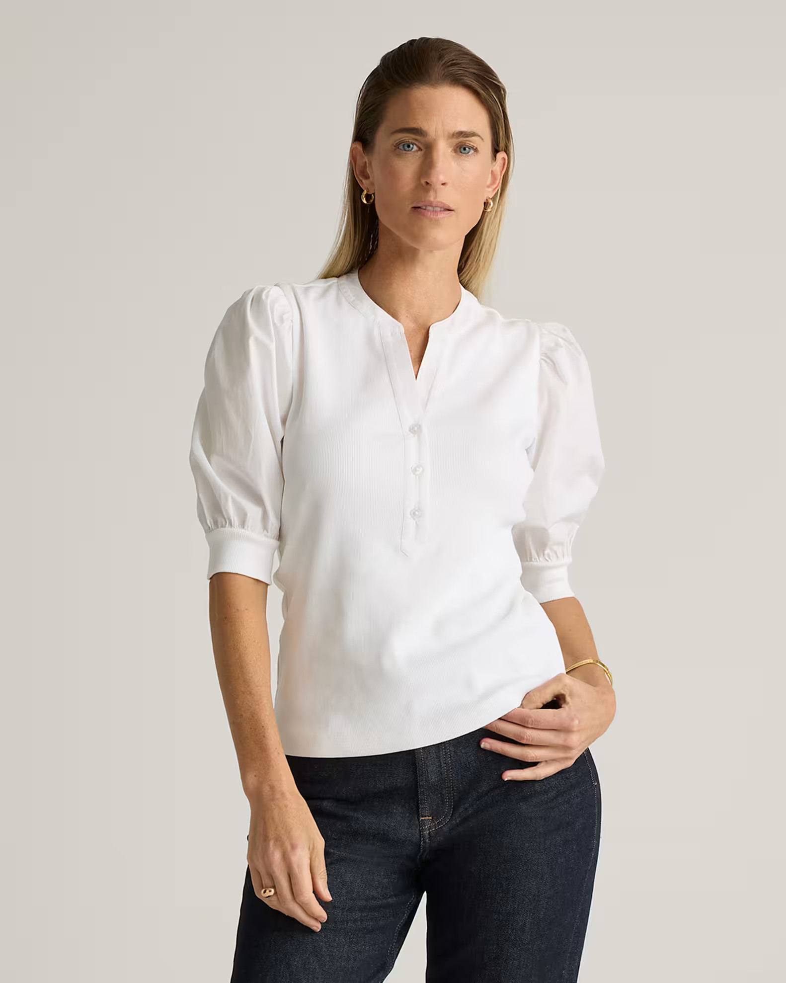 Cotton Mixed Media Puff Sleeve Top in Classic White | Quince