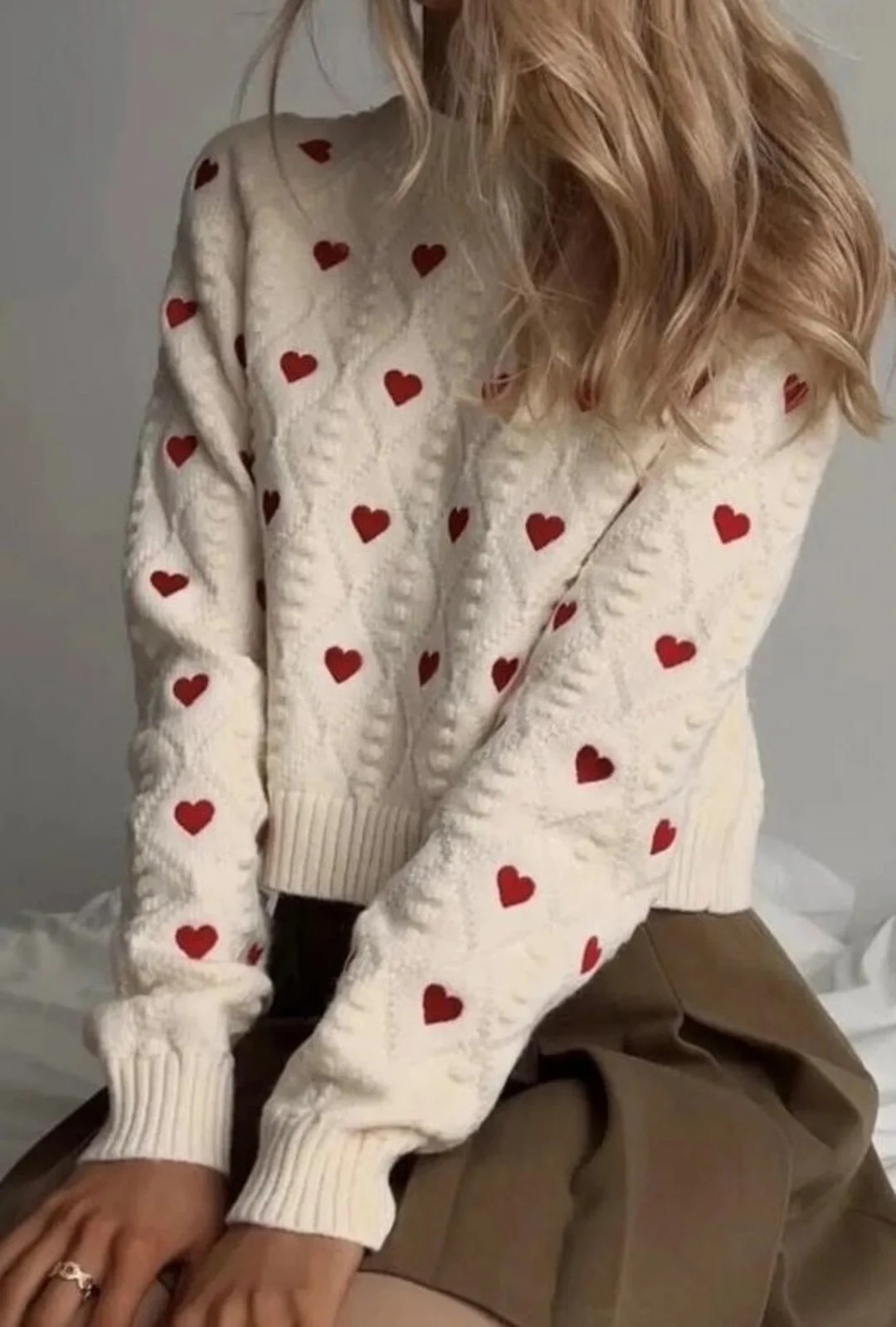 Women's White Embroidered Red Heart Sweater/standard Size Crew Neck Woven Sweater/ Crew Neck Thic... | Etsy (US)