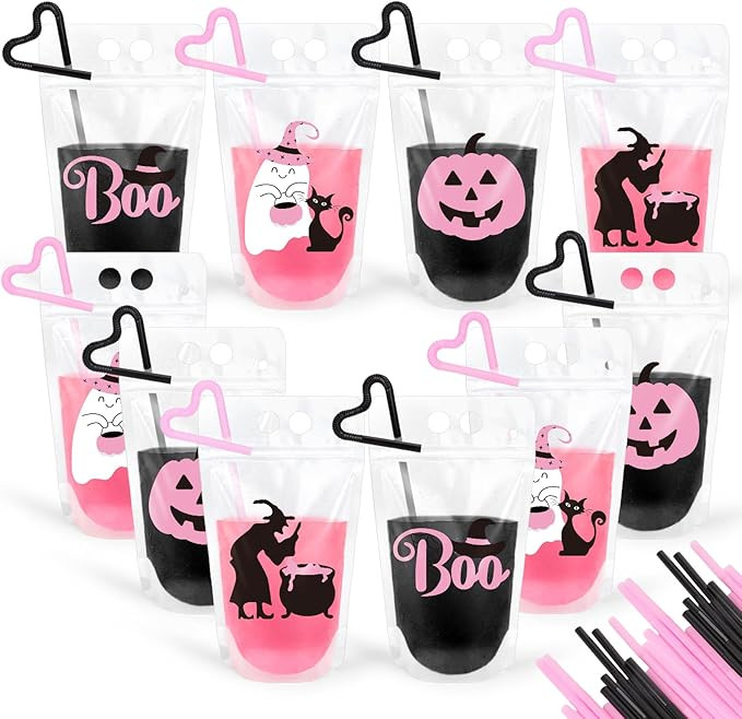 36 Set Halloween Drink Pouches Pink Black Cute Clear Plastic Juice Pouches 4 Designs Drink Bags H... | Amazon (US)