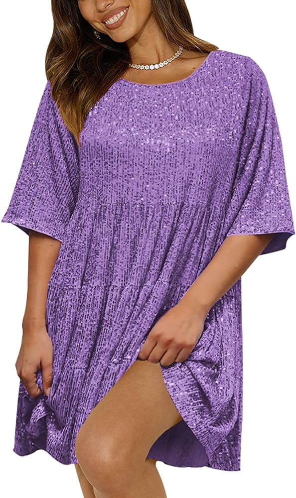 Sequin Babydoll Mini Dress,Sparkly Glitter Dress Short Flowy Tiered Tunic Dress for Women Party C... | Amazon (US)