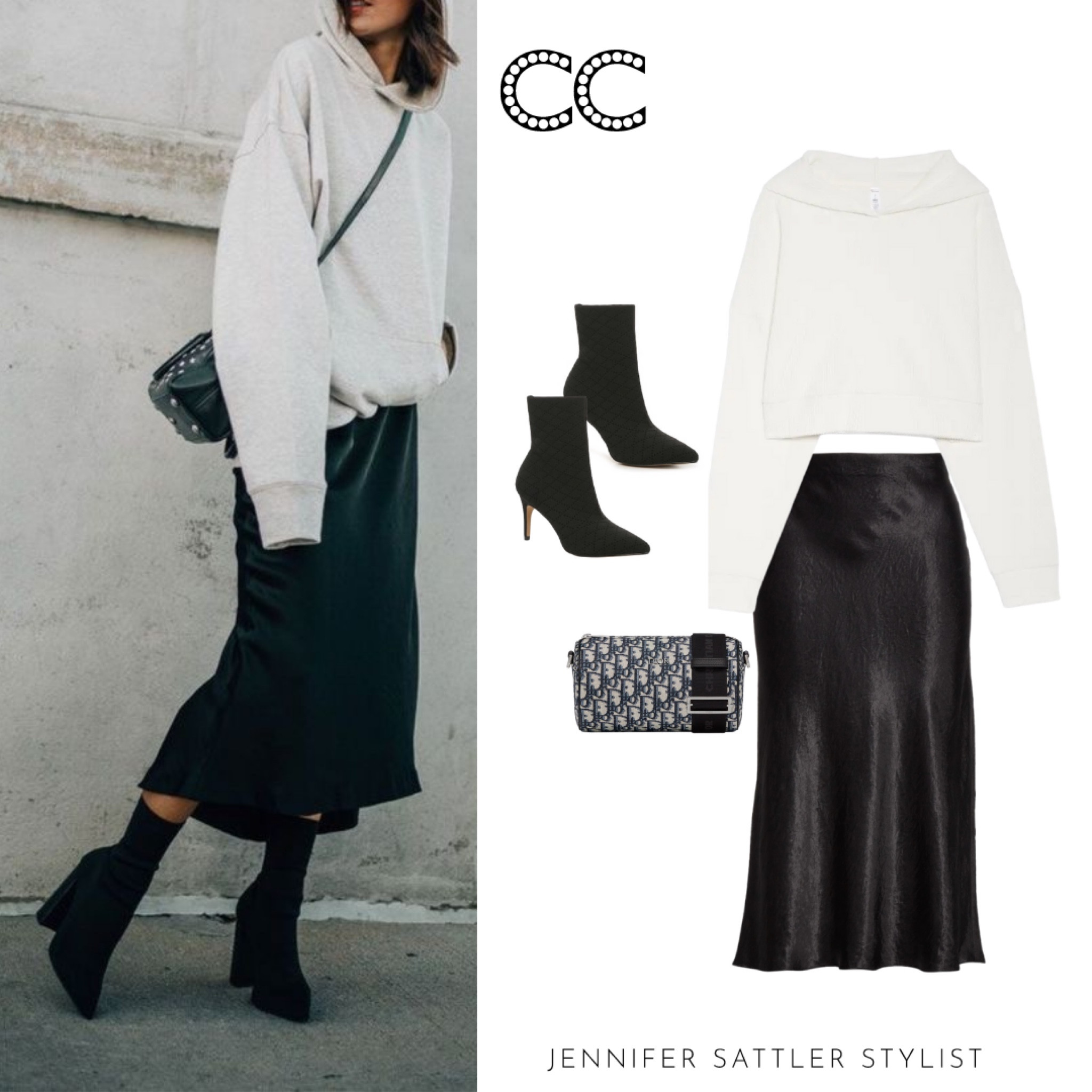 HOODIE + SLIP SKIRT

This combination is part of my Modern Classi Capsule Wardrobe and a personal favorite. I recommend a cropped hoodie with a slip skirt. This helps keep your leg line long and avoids 50/50 proportions that cut you in half when you’re not wearing a heel.