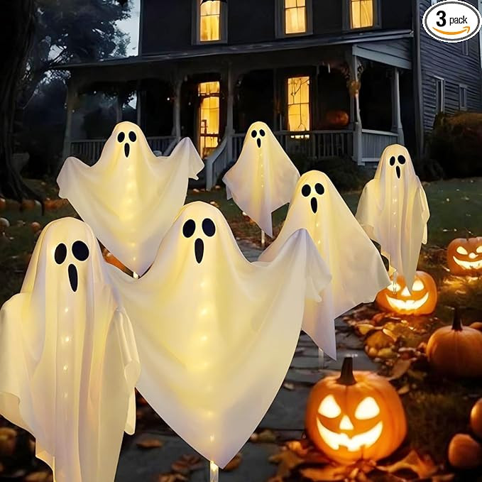 3-Pack Ghost Solar Powered Halloween Decorations Outdoor, Auto On/Off, Solar Halloween Lights for... | Amazon (US)