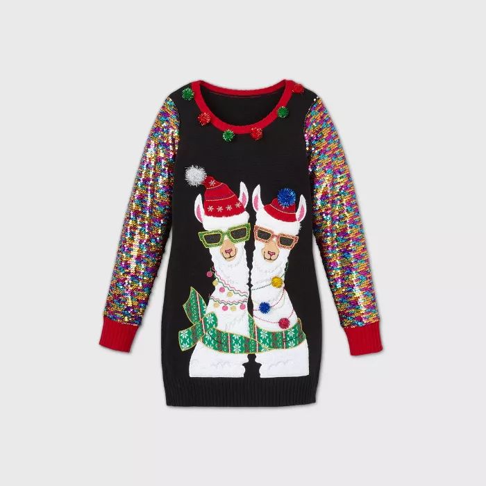 Women's Llama Sequin Graphic Pullover Sweater - Black | Target
