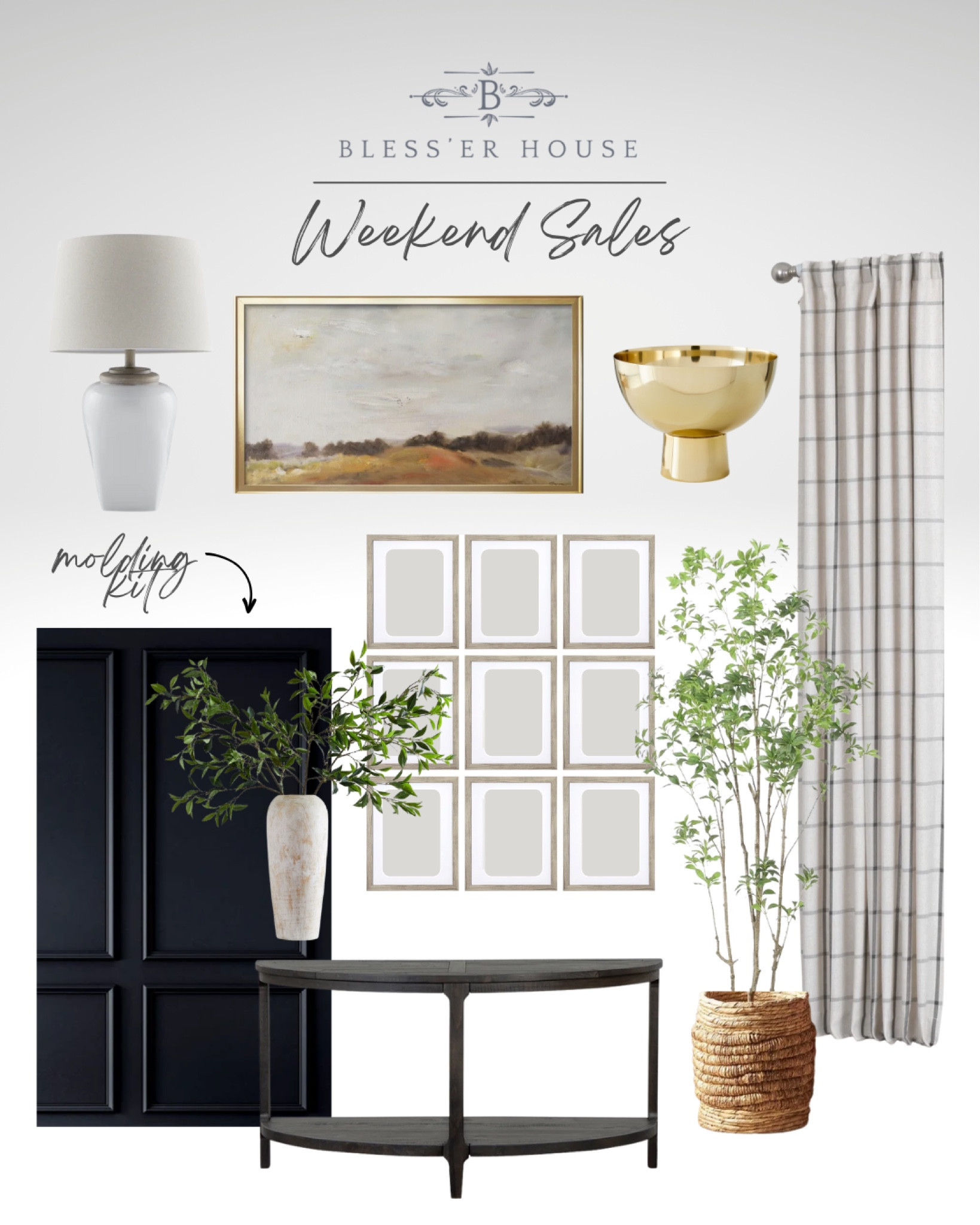 The molding comes pre-cut and ready to use in a kit!

#GalleryWall #wallart #CurtainPanels #LandscapeArt #GoldFrame #VintageArt #WhiteCeramicLamp #TableLamp #GoldBowl #PutItFor #Frames #BlackConsoleTable #ArtificialTree #fauxTree #IndoorTree #molding #boardandbatten #etsy #blesserhouse

#LTKhome #LTKstyletip #LTKsalealert