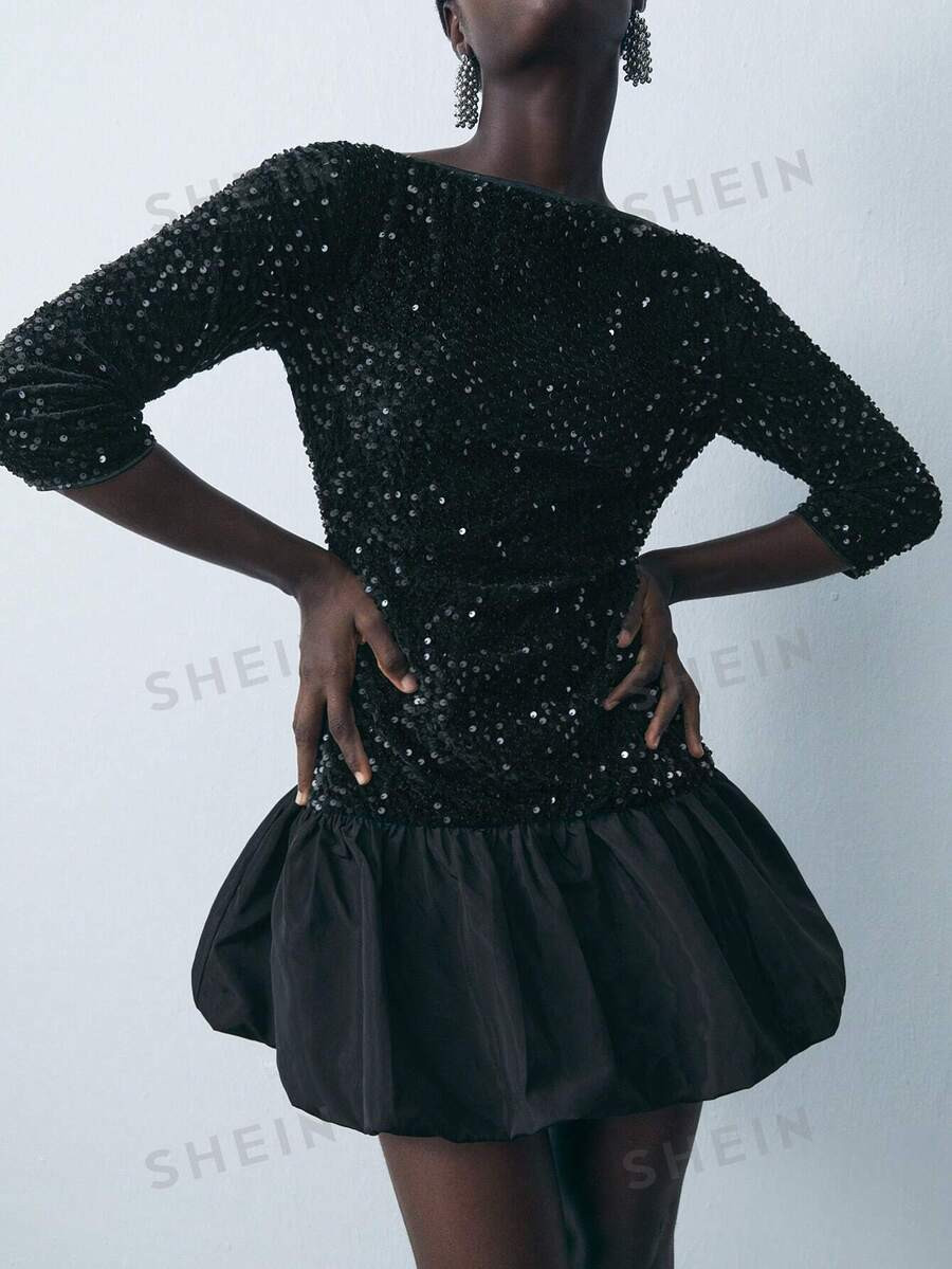 SHEIN Maija Women's Fashionable Sequin Patchwork Floral Mini Dress, Spring Summer Glitter Dress | SHEIN