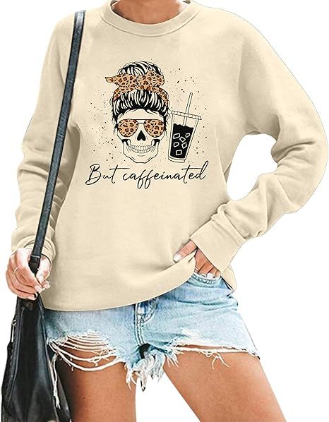 MOUSYA Women Skull Sweatshirt Casual Coffee Cup Graphic Tee Leopard Skeleton Pullover Funny Lette... | Amazon (US)