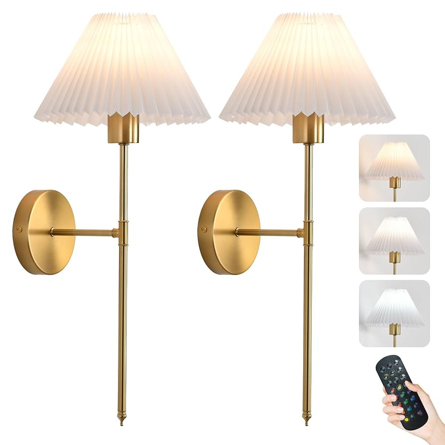 Rechargeable Wall Sconces Set of 2, Gold Battery Operated Wall Lights with Remote, Dimmable Pleat... | Amazon (US)