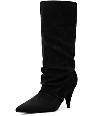 Modatope Slouchy Mid Calf Boots for Women Pointed Toe Chunky Heel Boots Faux Flod Over Slip on Wo... | Amazon (US)