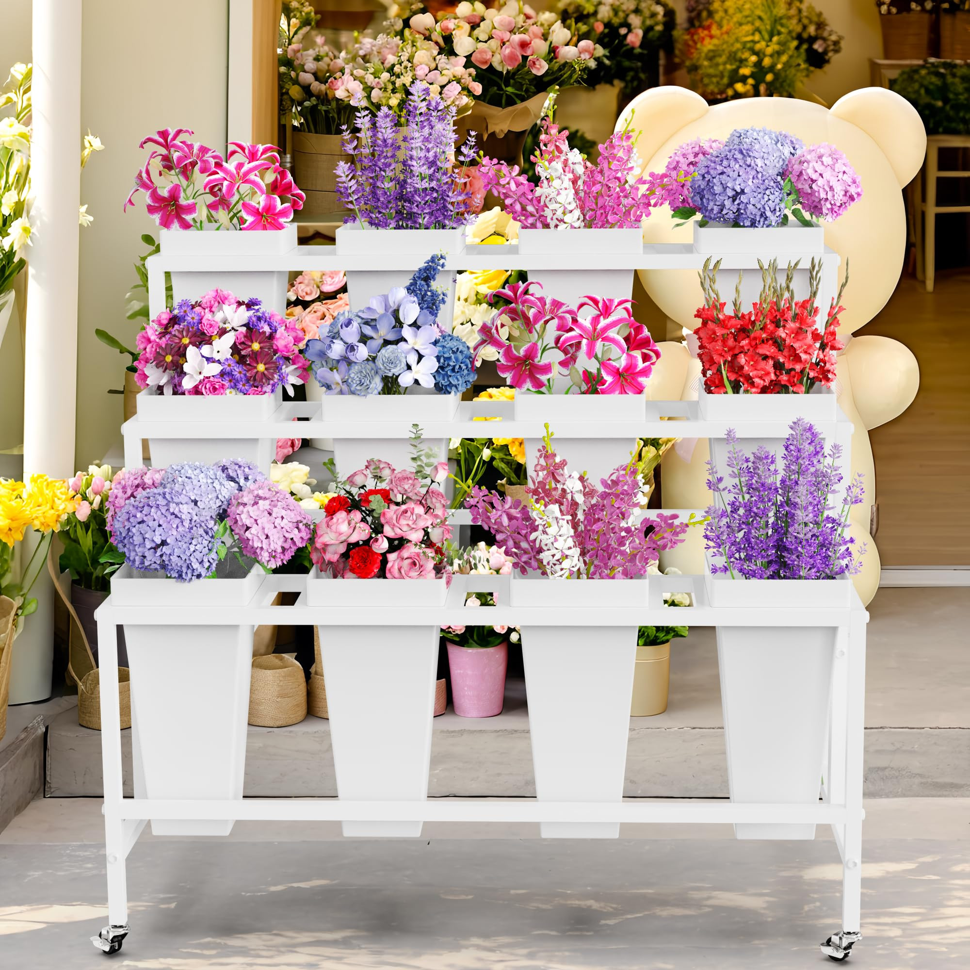  
Visit the Store, Asee'm
Asee'm
Visit the Store
4.2
4.2 out of 5 stars
(8)
Asee'm Flower Display Stand with 12 Buckets, 3 Layer Metal Flower Bar Stand with Wheels Heavy Duty Moving Flowers Cart Display Bloom Bar for Florist Indoor Outdoor Patio Garden Wedding Dector White
 
 
 
 
 
 
 
 
Size:
37"L x 23.62"W x 31.5"H
Color:
White
Prime Big Deal
$99.44 with 15 percent savings -15% $99.44
Typical price: $116.99 Typical price: $116.99$116.99  
Or
$24.86
 /2 weeks (x4). Select from 2 plans
 Two-Day
Exclusive Prime price
FREE delivery Thursday, October 9. Order within 6 hrs 23 mins
Deliver to Jasmine - Cypress 77433‌
In Stock
Quantity:
Quantity:1
 
Add to Cart

Buy Now
Ships from
Amazon
Sold by
Asee'm
Returns
FREE 30-day refund/replacement
Gift options
Available at checkout
See more
Add to List
 
Frequently returned item
Check the product details and customer reviews to learn more about this item.
Other sellers on AmazonOther sellers on Amazon
Compare New & Used (3) from
$99.44$99.44

 | Amazon (US)
