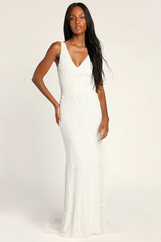 Simple Romance White Beaded Sequin Mermaid Maxi Dress | Lulus