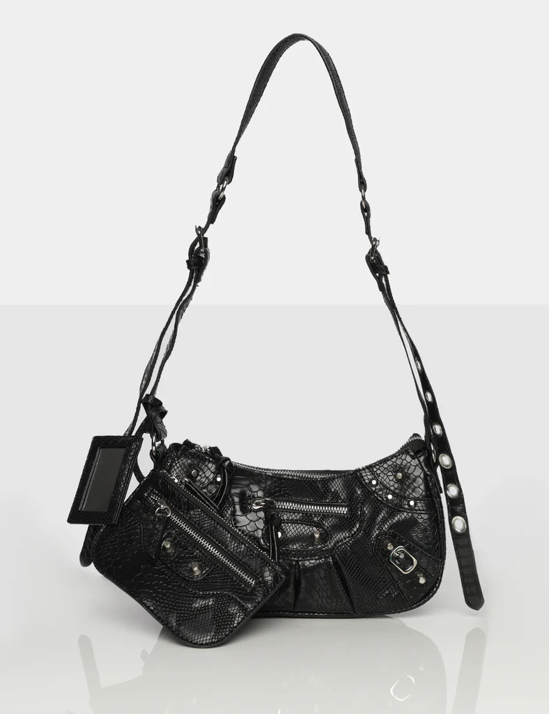 The Trackstar Black Croc Pu Studded Mirror Zip Detail Handbag | Public Desire