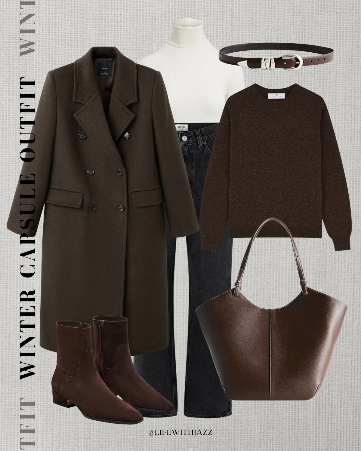   Winter capsule 2026 

Chocolate brown tailored coat / cashmere sweater / white turtleneck long sleeve / suede low heeled booties / black ankle length jeans / Madewell belt / leather toe bag / elevated style 

 

 

#LTKSeasonal