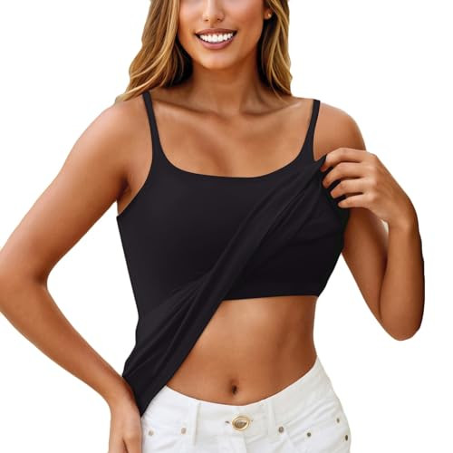 Tank Tops with Built in Bras 2024 Summer Shelf Bra Spaghetti Strap Cotton Camisoles Tops Plus Size Padded Bra Basic Soft Breathable Tank Top Undershirt(A-Black,XX-Large) | Amazon (US)
