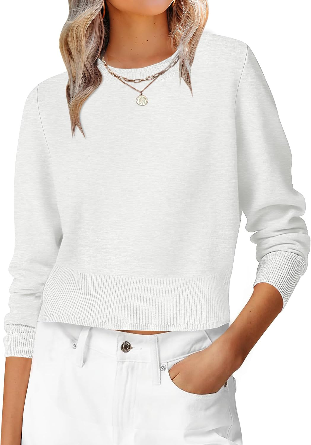 ANRABESS Women’s Long Sleeve Cropped Crew Neck Lightweight Fall Sweaters | Amazon (US)