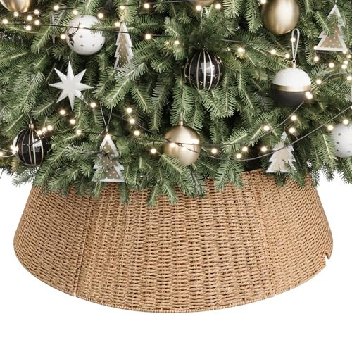 ELYKEN Christmas Tree Collar, 33 Inch Rustic Xmas Tree Basket for Artificial Trees, Paper Rope Woven Tree Skirt Ring, Tree Base Cover with Cord Cut-Out, Farmhouse Pencil Tree Collar for Home Decor | Amazon (US)