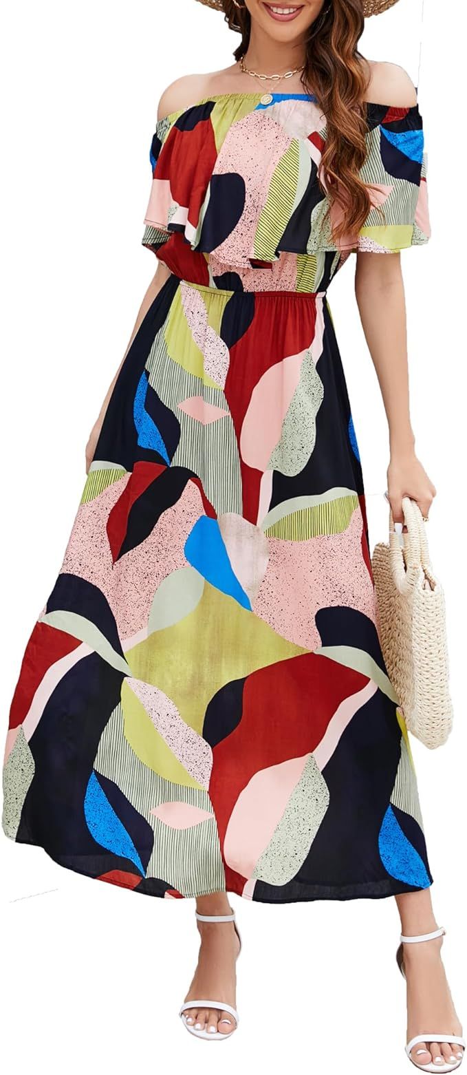 Bluetime Womens Maxi Dress Off Shoulder Floral Print Boho Beach Long Summer Dresses | Amazon (US)