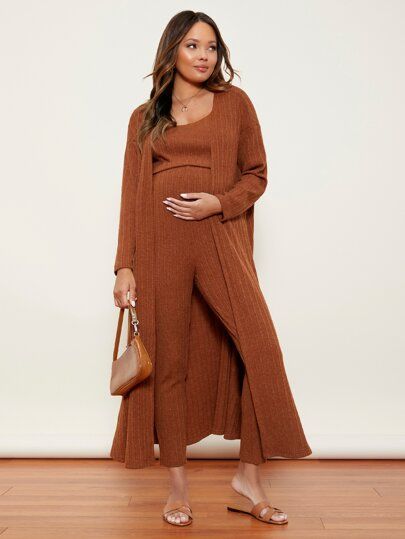 SHEIN Maternity Rib-knit Tank Top & Leggings Set With Robe | SHEIN