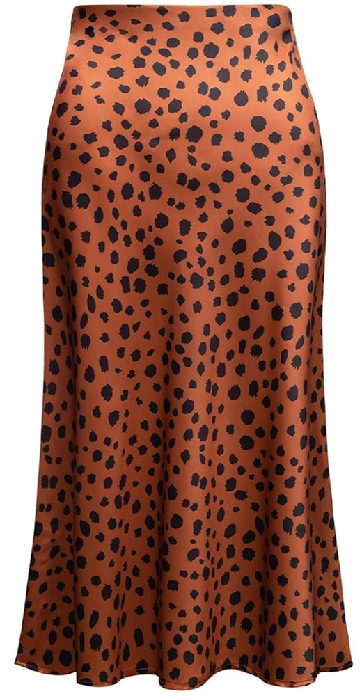 Womens Leopard Print Skirt Trendy Summer Midi Long Length Silk Satin High Waist Elastic Skirts | Amazon (US)