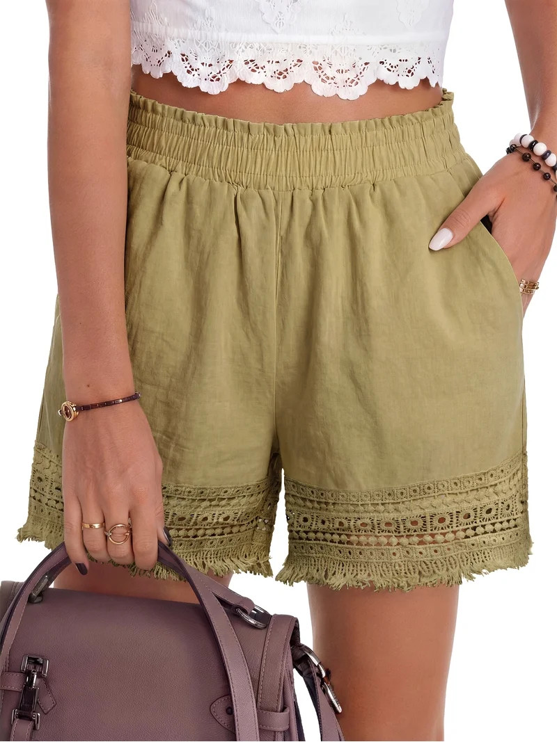 MOSHU High Waisted Shorts for Women Cotton Lounge Shorts Dressy Lace Trim Summer Beach Pants with... | Walmart (US)